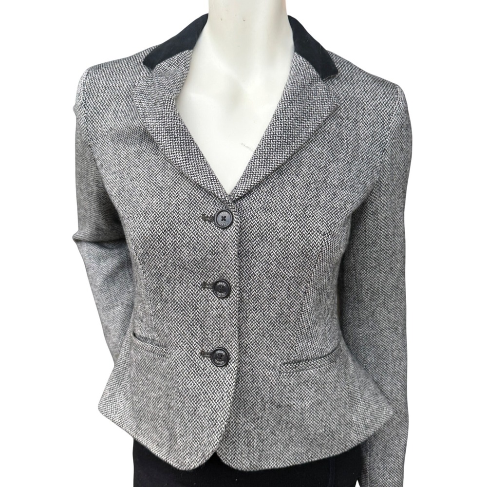 Chaps Herringbone Blazer Jacket Velvet Collar Peplum Dark Academia Grey Black 4